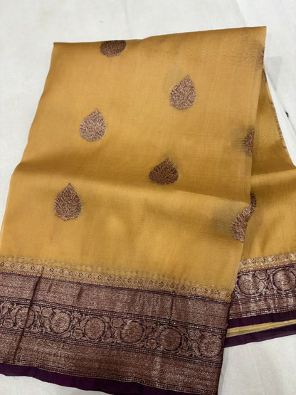 Lemon Yellow with Bottle Green Border Pure Kora Antique Zari Banarasi Handloom Saree