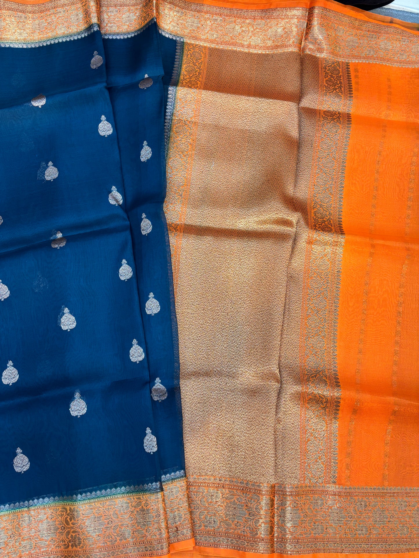 Bottle green with orange, Pure Kora Antique Zari Banarasi Handloom sari