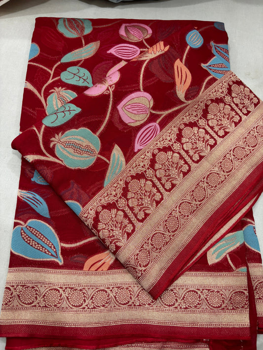 Red Premium Semi Khaddi Georgette Banarasi Handloom Saree 