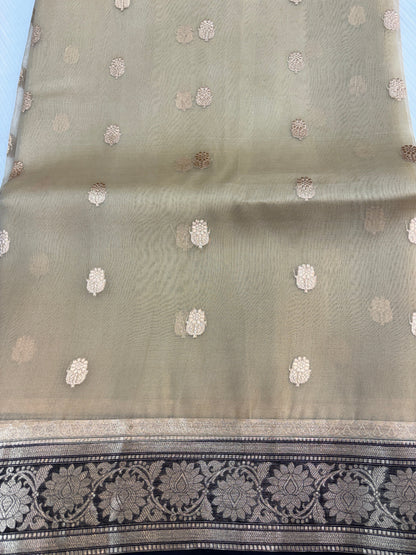 Off White with Black Pure Kora Designer Banarasi Handloom Saree 