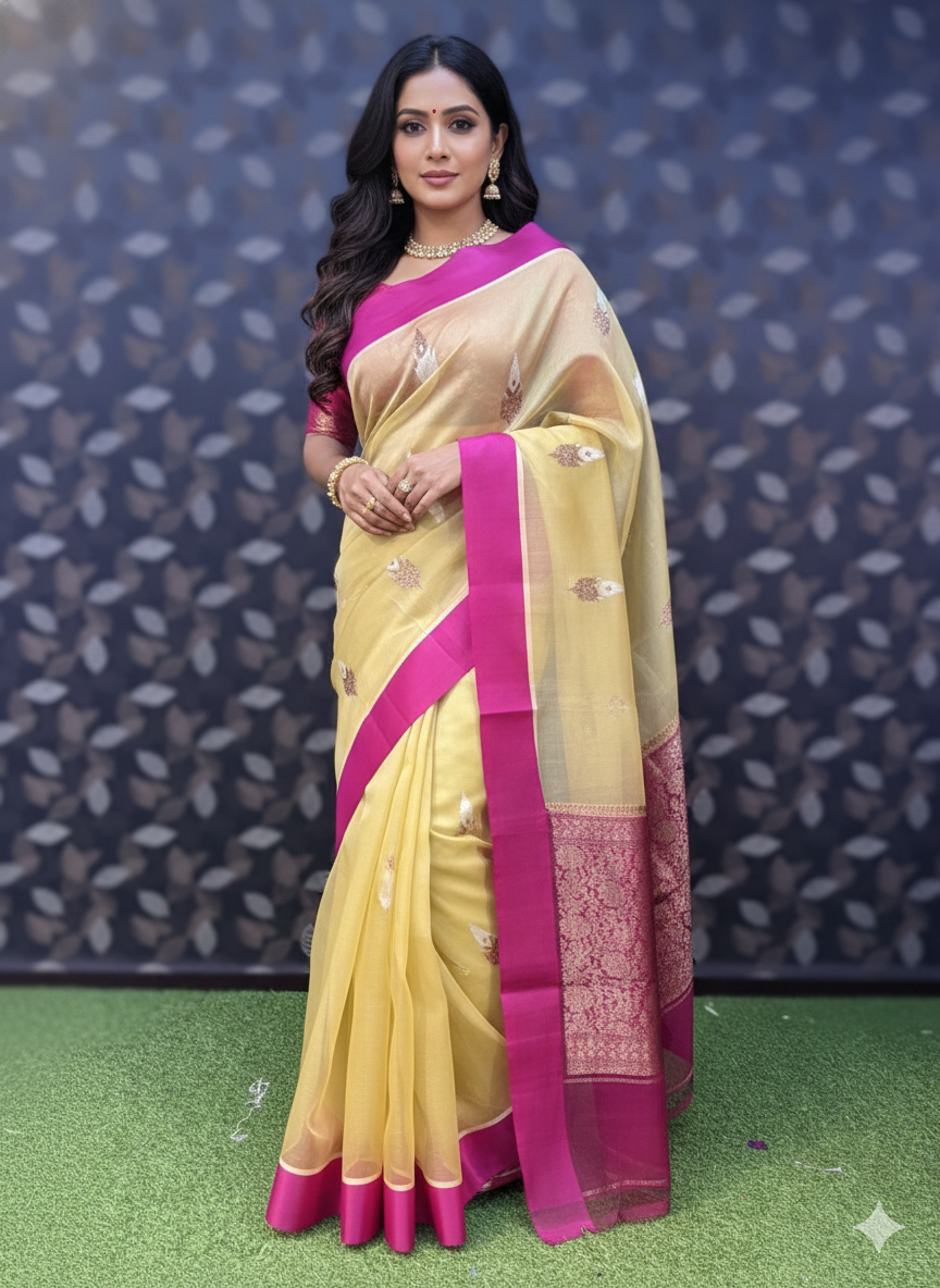 Cream With Pink Pure Kora Antique Zari Banarasi Handloom Saree 