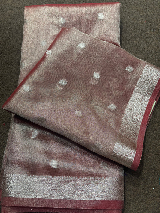 Pink tissue Banarasi sari with light silver dot motifs and maroon border