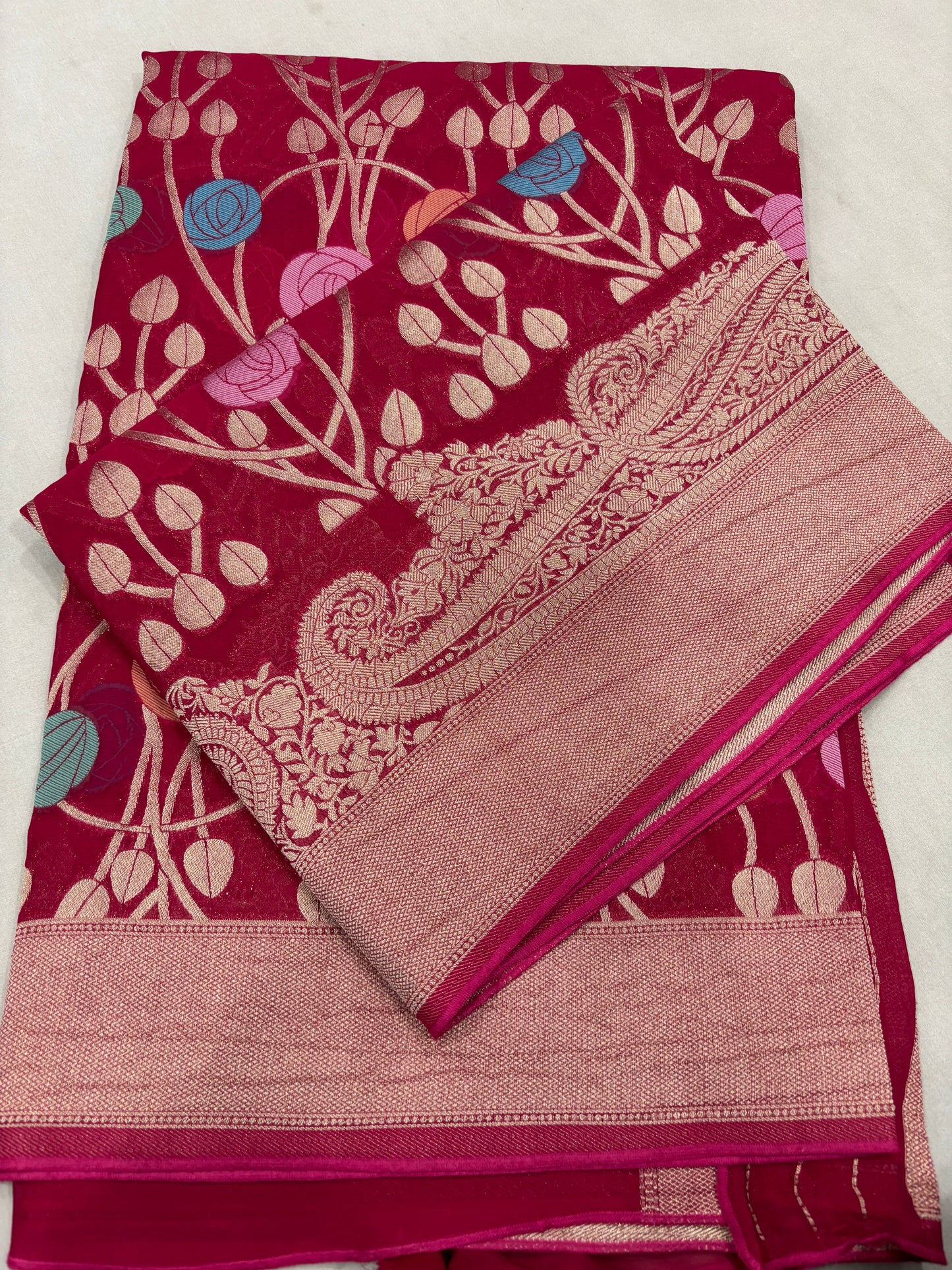 Rani pink Semi Khaddi Georgette Banarasi Handloom Saree 