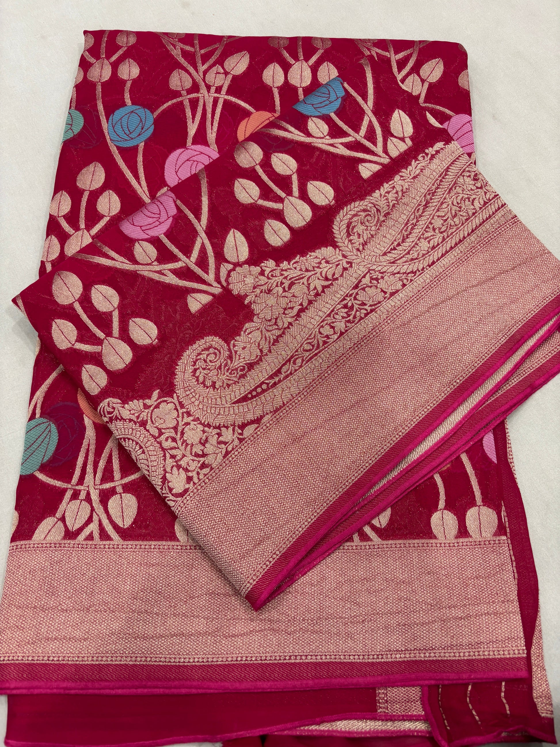 Rani pink Semi Khaddi Georgette Banarasi Handloom Saree 