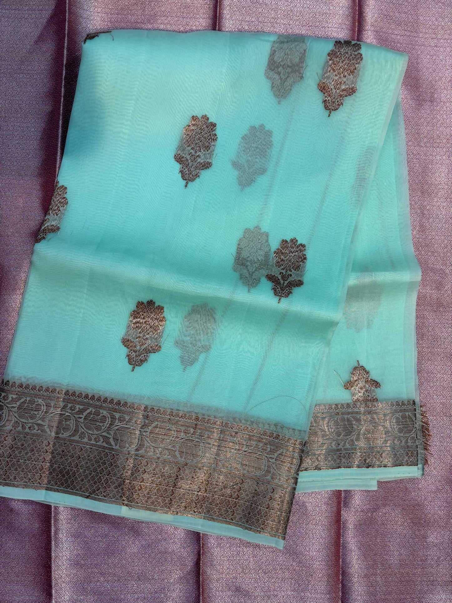 Light Firozi Pure Kora Antique Zari Banarasi Handloom Saree