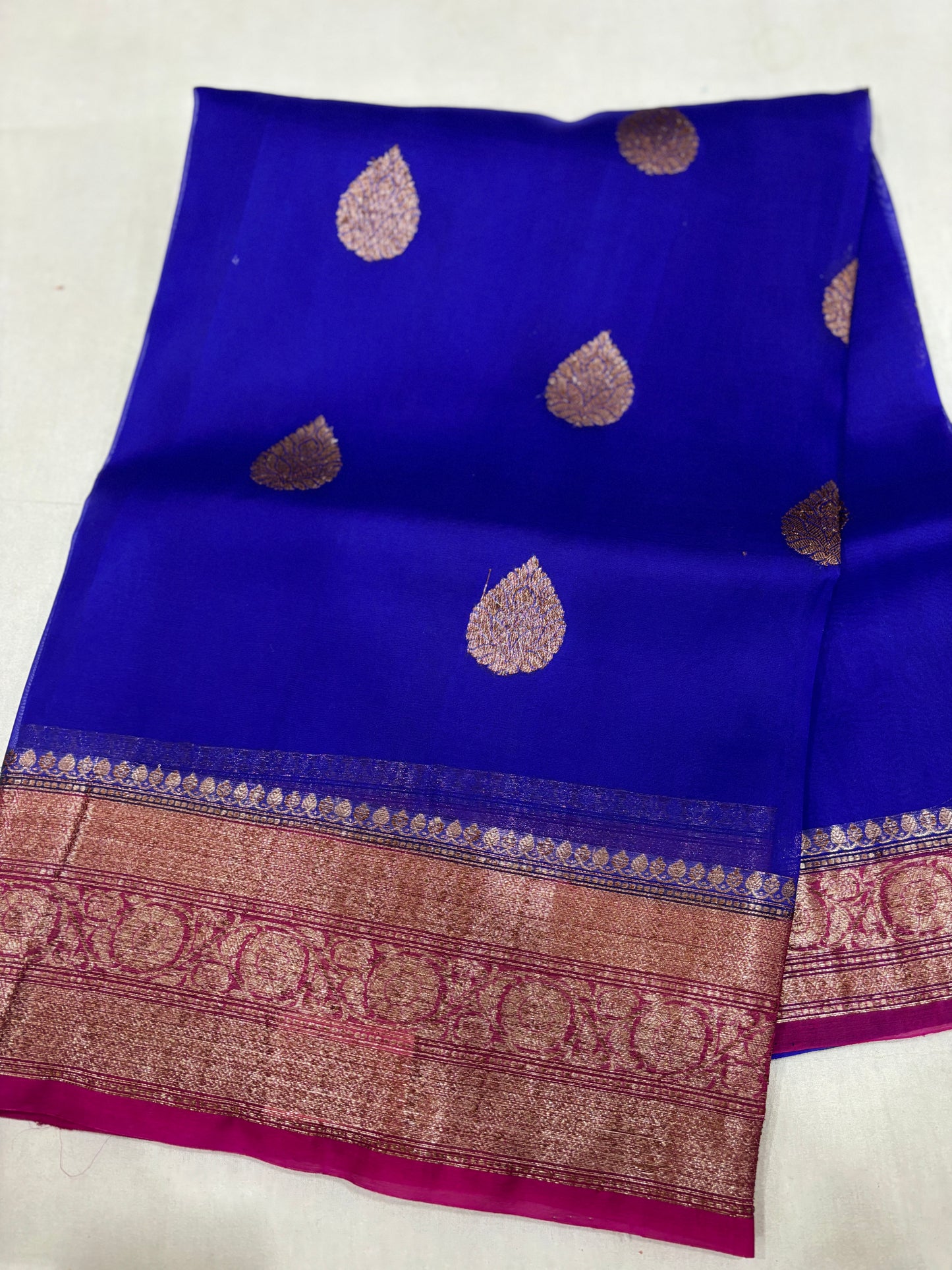 Blue With Rani Pink Border Kora Antique Zari Banarasi Handloom Saree