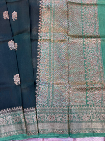 Rama Green Pure Kora Antique Zari Banarasi Handloom Saree