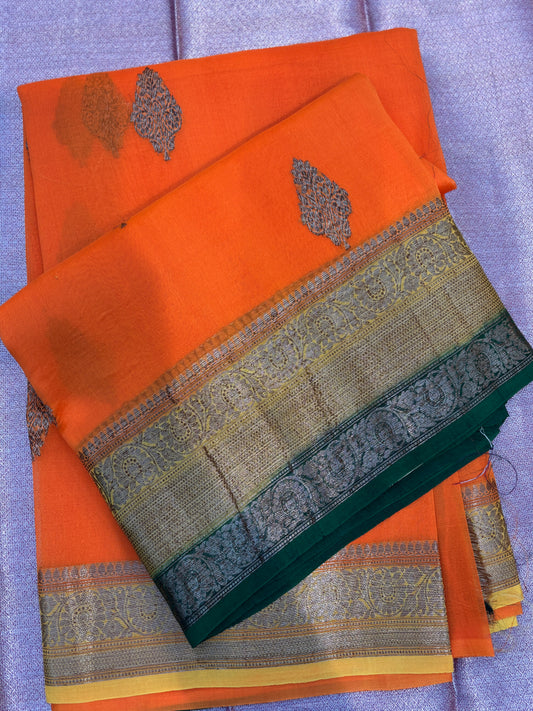 Orange Green Pure Kora Antique Zari Banarasi Handloom Saree