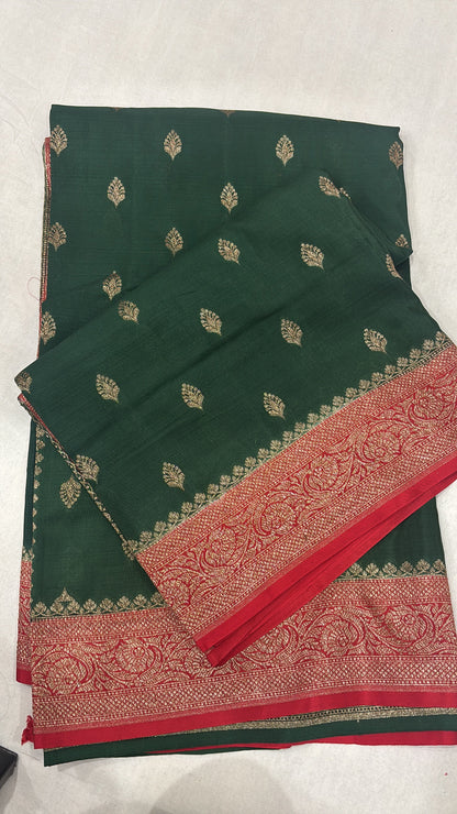 Green saree with red woven border and gold leaf motif pattern