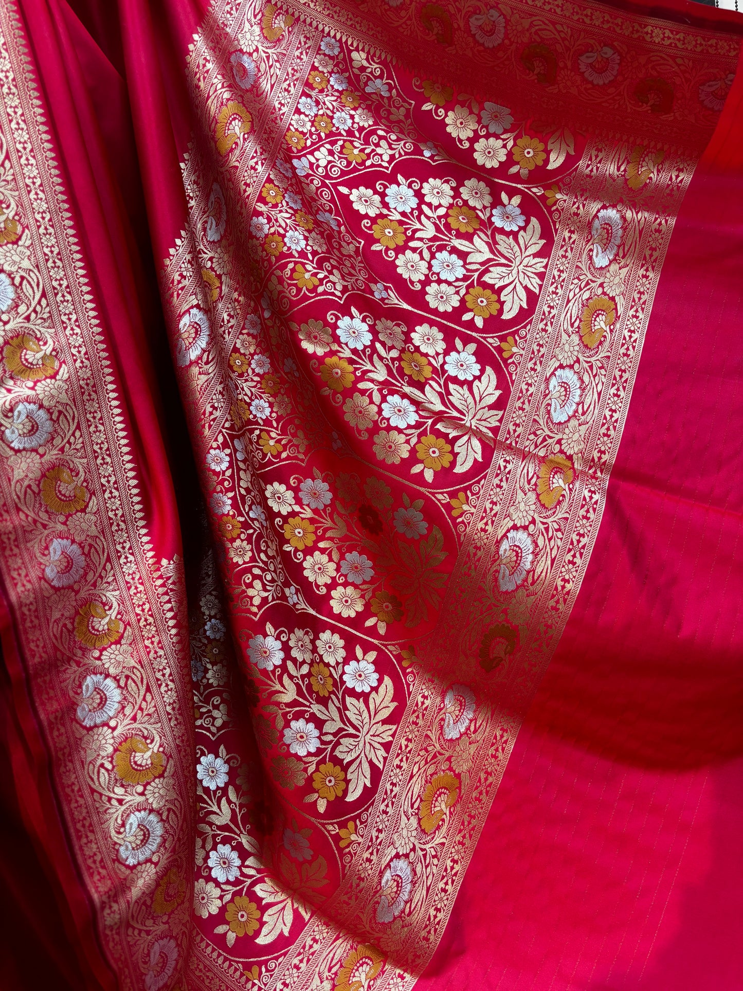 Red Plain with Border Semi Silk Banarasi Handloom Saree