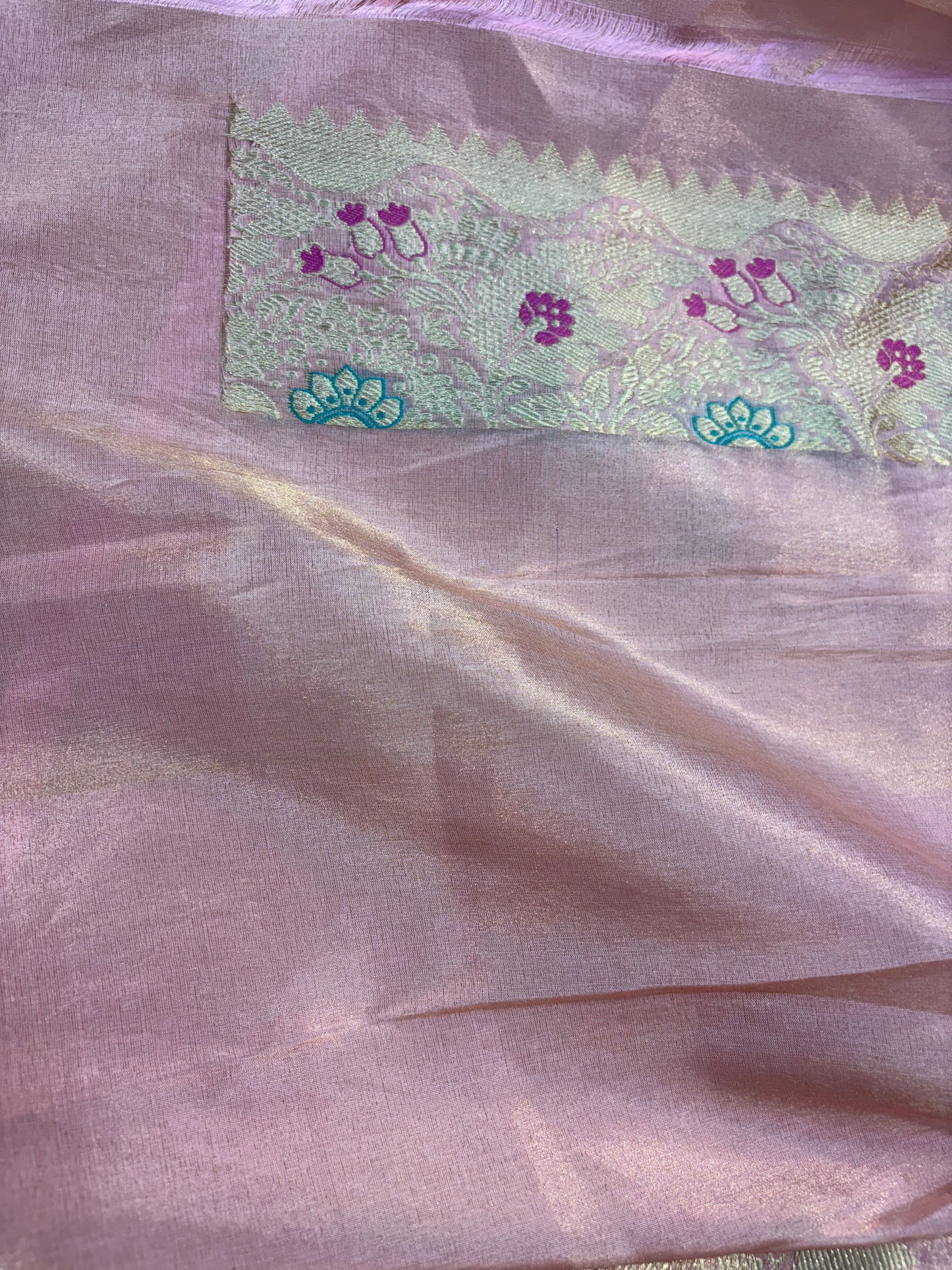 Lavender pure Katan Tissue with heavy Border Handwoven sarees