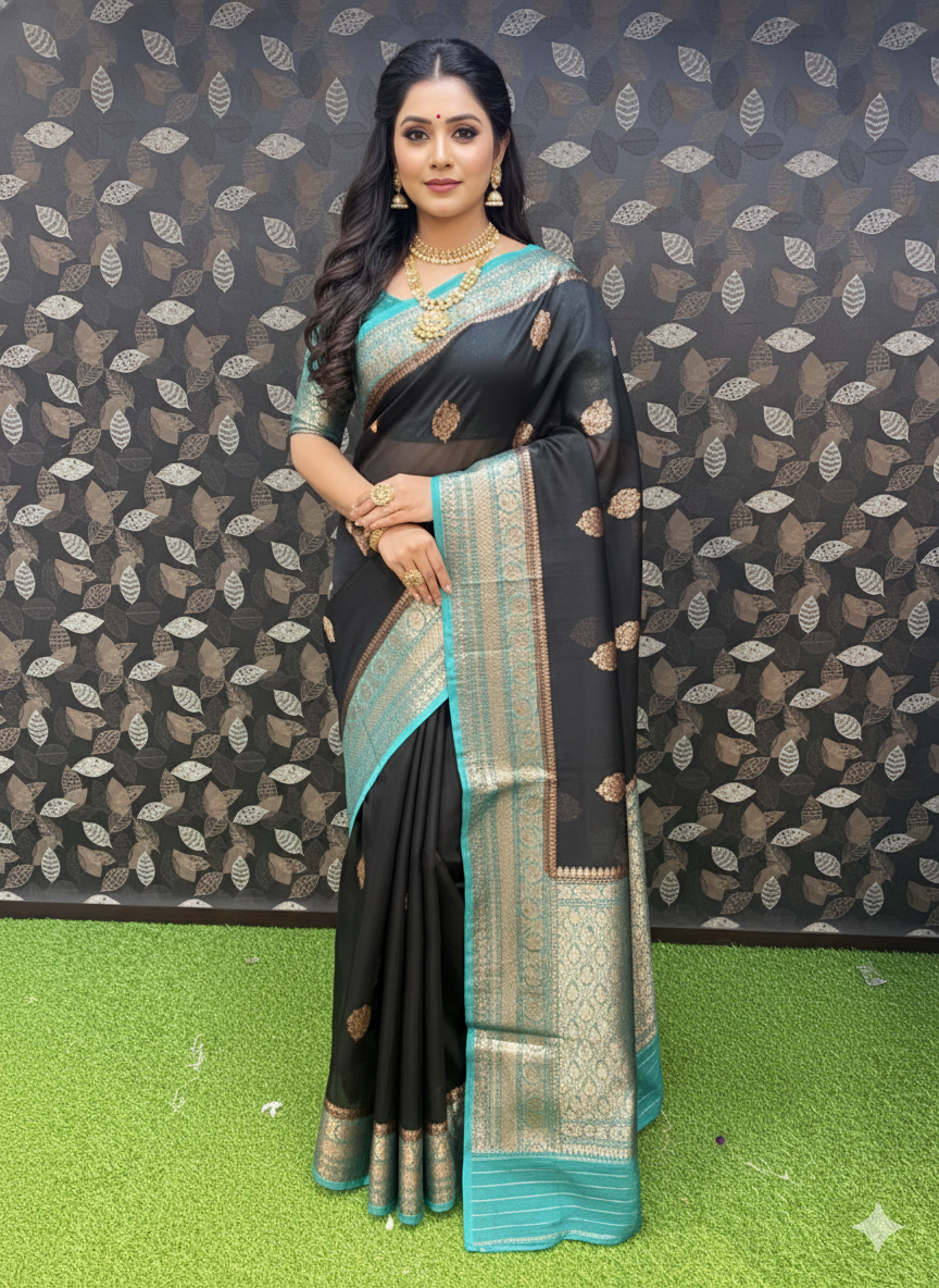 Black-Firosi Pure Kora Antique Zari Banaras Handloom Saree 