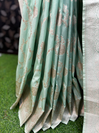 Pista Green Semi Silk Banarasi Saree - Rungkaat