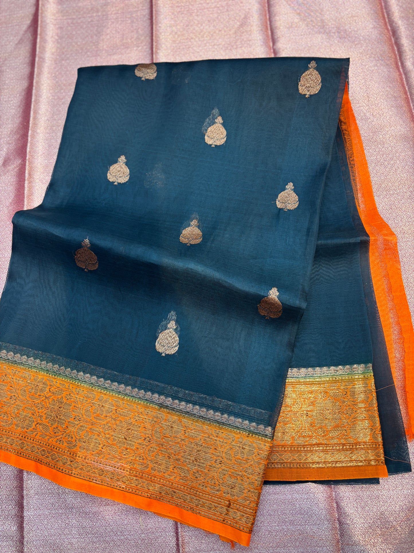 Bottle green with orange, Pure Kora Antique Zari Banarasi Handloom sari