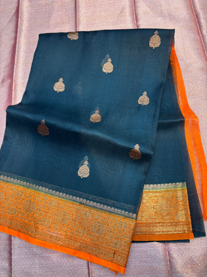 Bottle green with orange, Pure Kora Antique Zari Banarasi Handloom sari