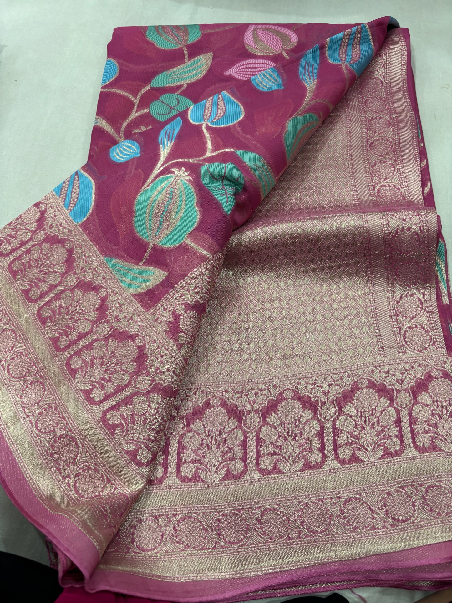 Onion pink Luxury Semi Khaddi Georgette Banarasi Handloom Saree 