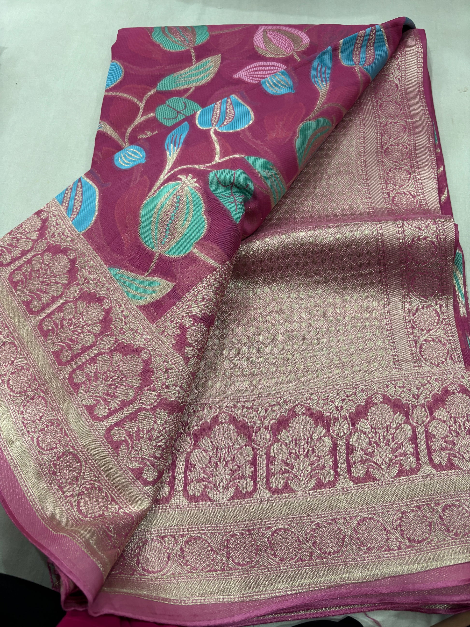 Onion pink Luxury Semi Khaddi Georgette Banarasi Handloom Saree 