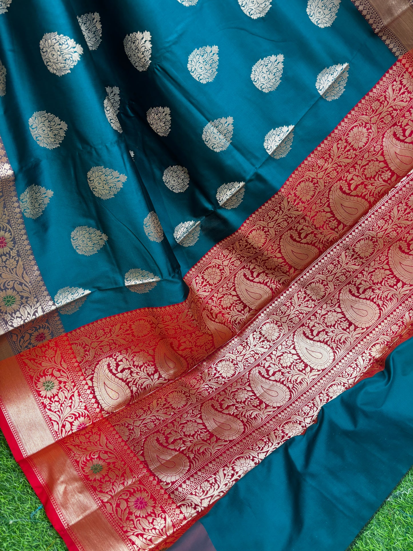 Blue Sky With Red Semi Katan Banarasi Saree