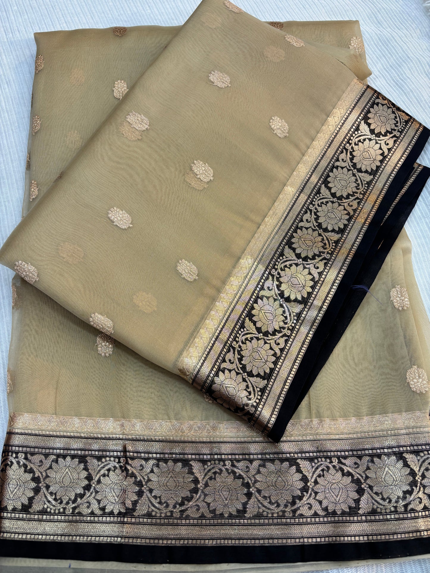 Off White with Black Pure Kora Designer Banarasi Handloom Saree 