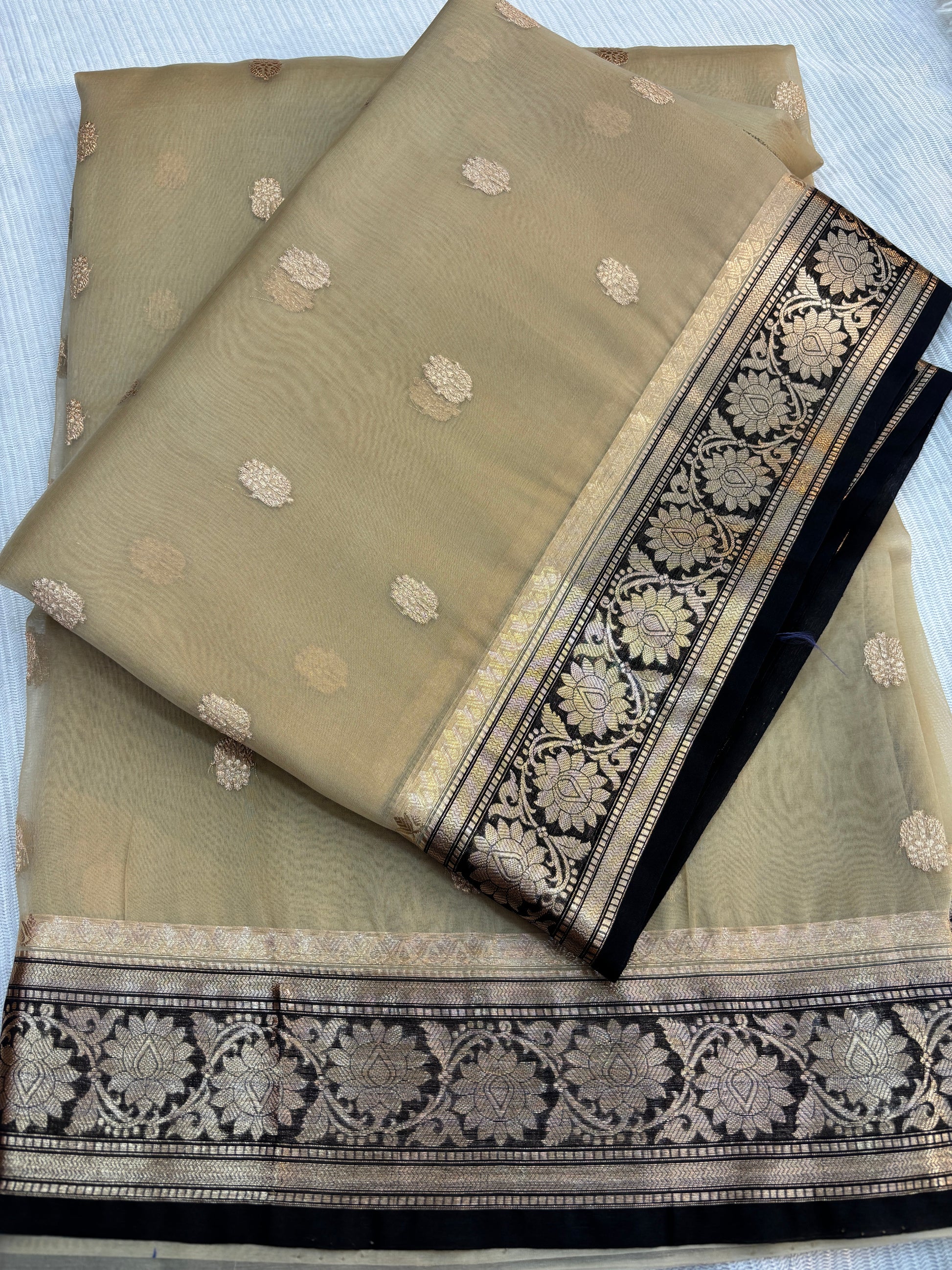 Off White with Black Pure Kora Designer Banarasi Handloom Saree 