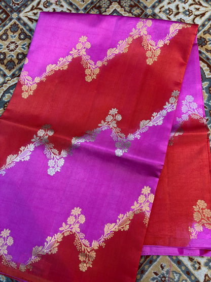 Red pink Pure Raw Mango Rungkaat Banarasi Handloom Saree