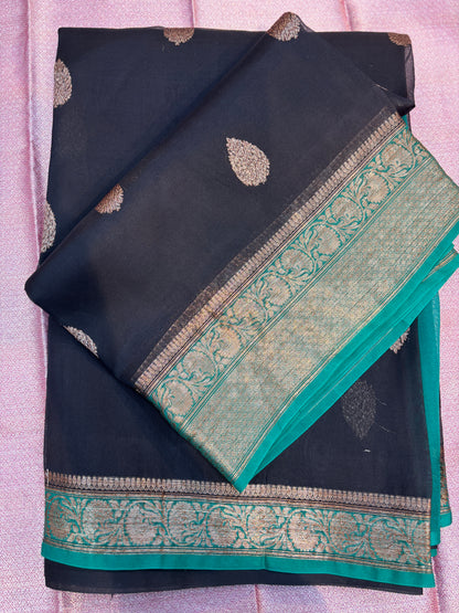 Black-Firosi Pure Kora Antique Zari Banaras Handloom Saree