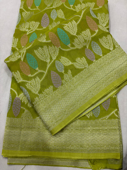 light Green Semi Khaddi Georgette Banaras Sari 