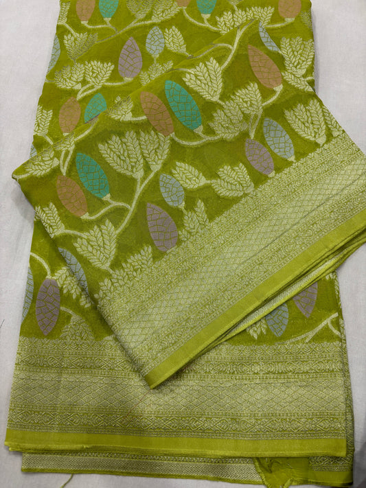 light Green Semi Khaddi Georgette Banaras Sari 