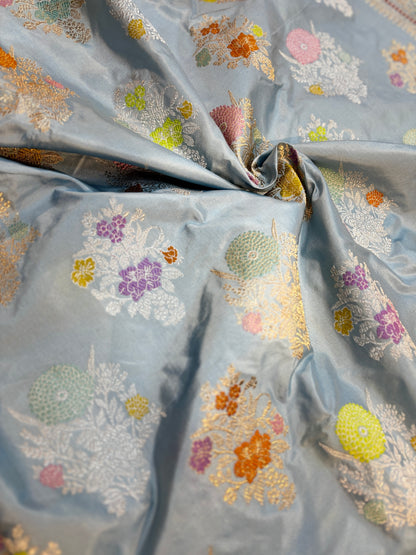 Exclusive powder blue pure katan jangla Banarasi Handloom saree
