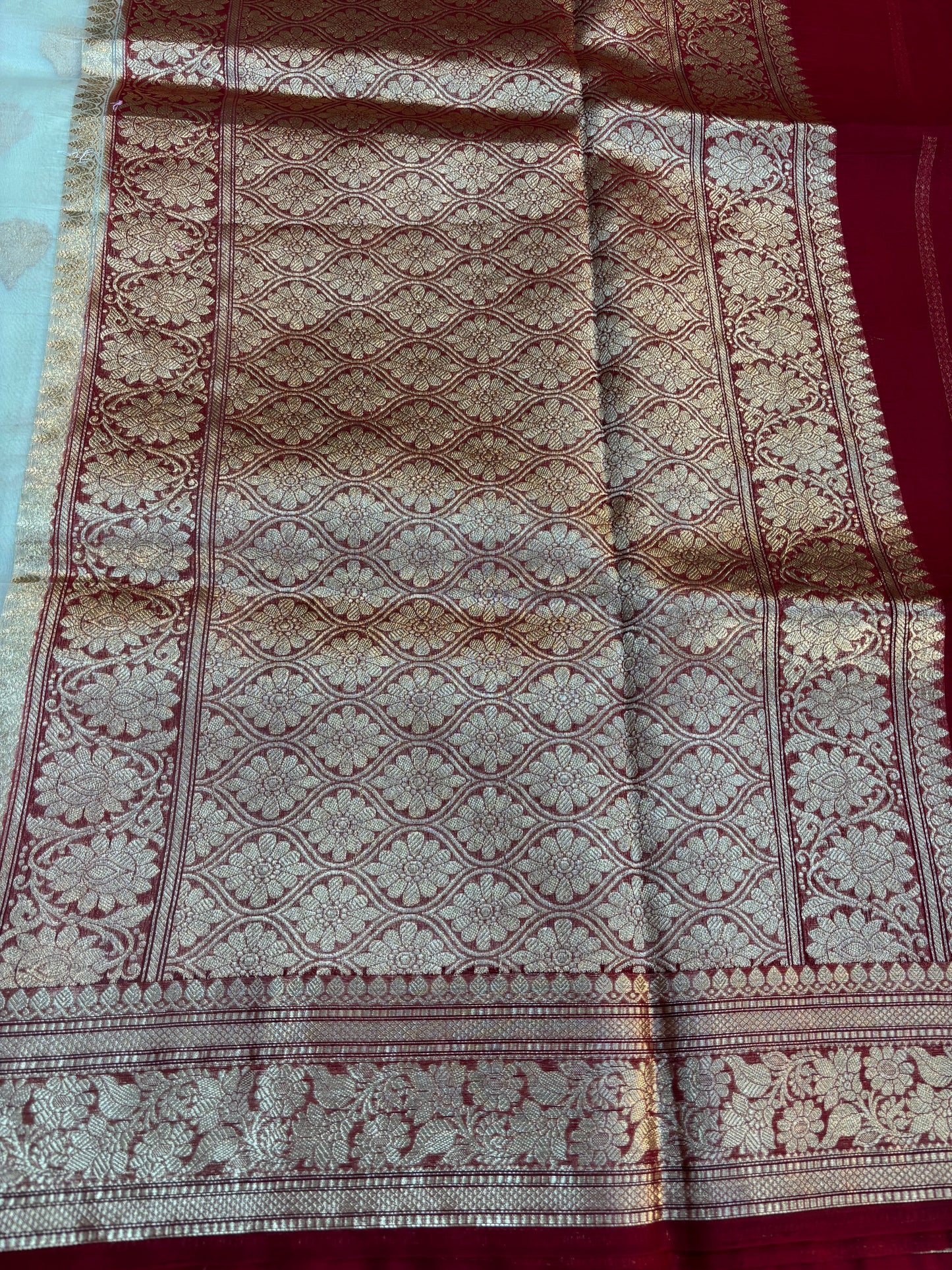 White with red Pure Kora Designer Banarasi Handloom Saree 