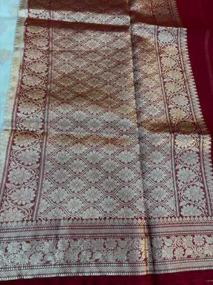 White with red Pure Kora Designer Banarasi Handloom Saree 