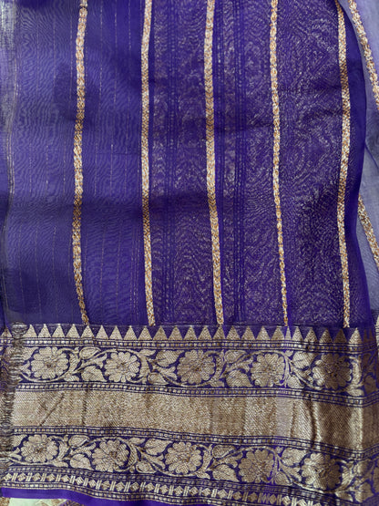 White With Blue Border Pure Kora Antique Zari Banarasi Handloom Saree