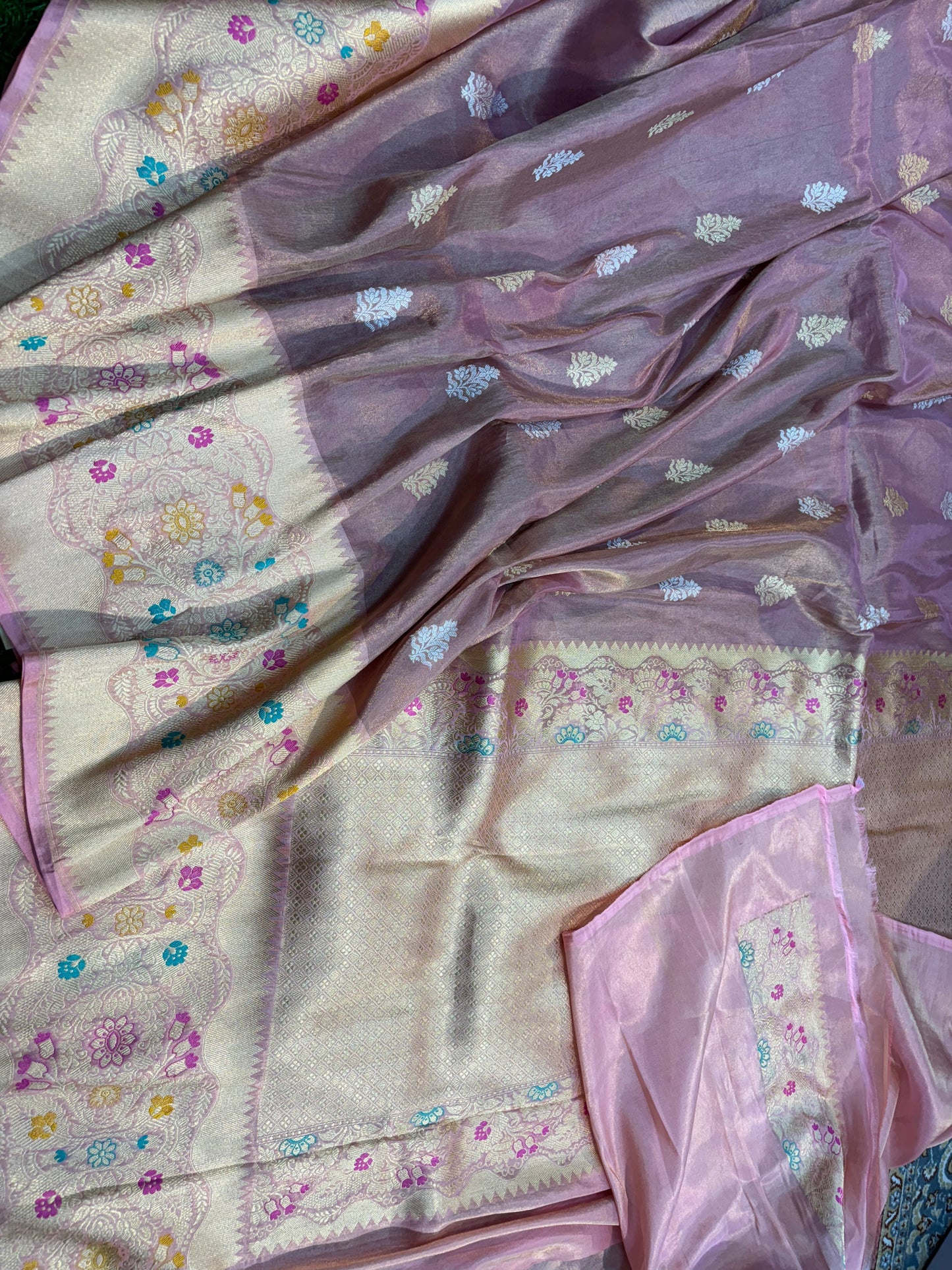 Lavender pure Katan Tissue with heavy Border Handwoven sarees