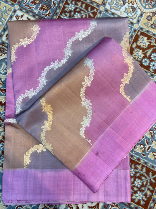 Lavender Gray Pure Raw Mango Rungkaat Banarasi Handloom Saree