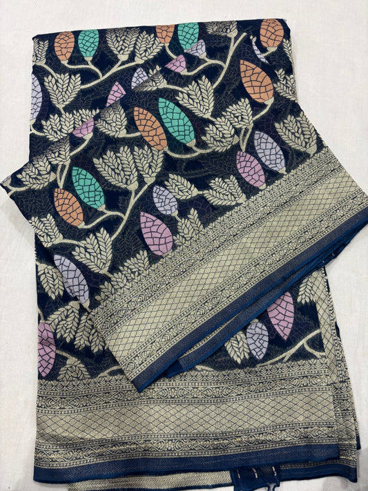 Blue Semi Khaddi Georgette Banaras Sari 