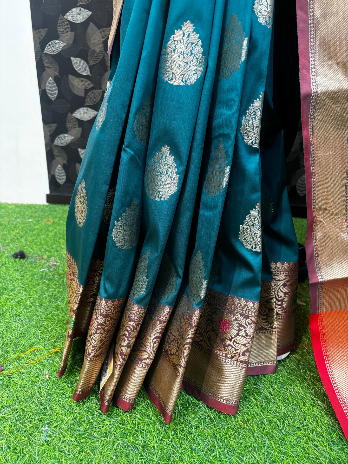 Blue Sky With Red Semi Katan Banarasi Saree