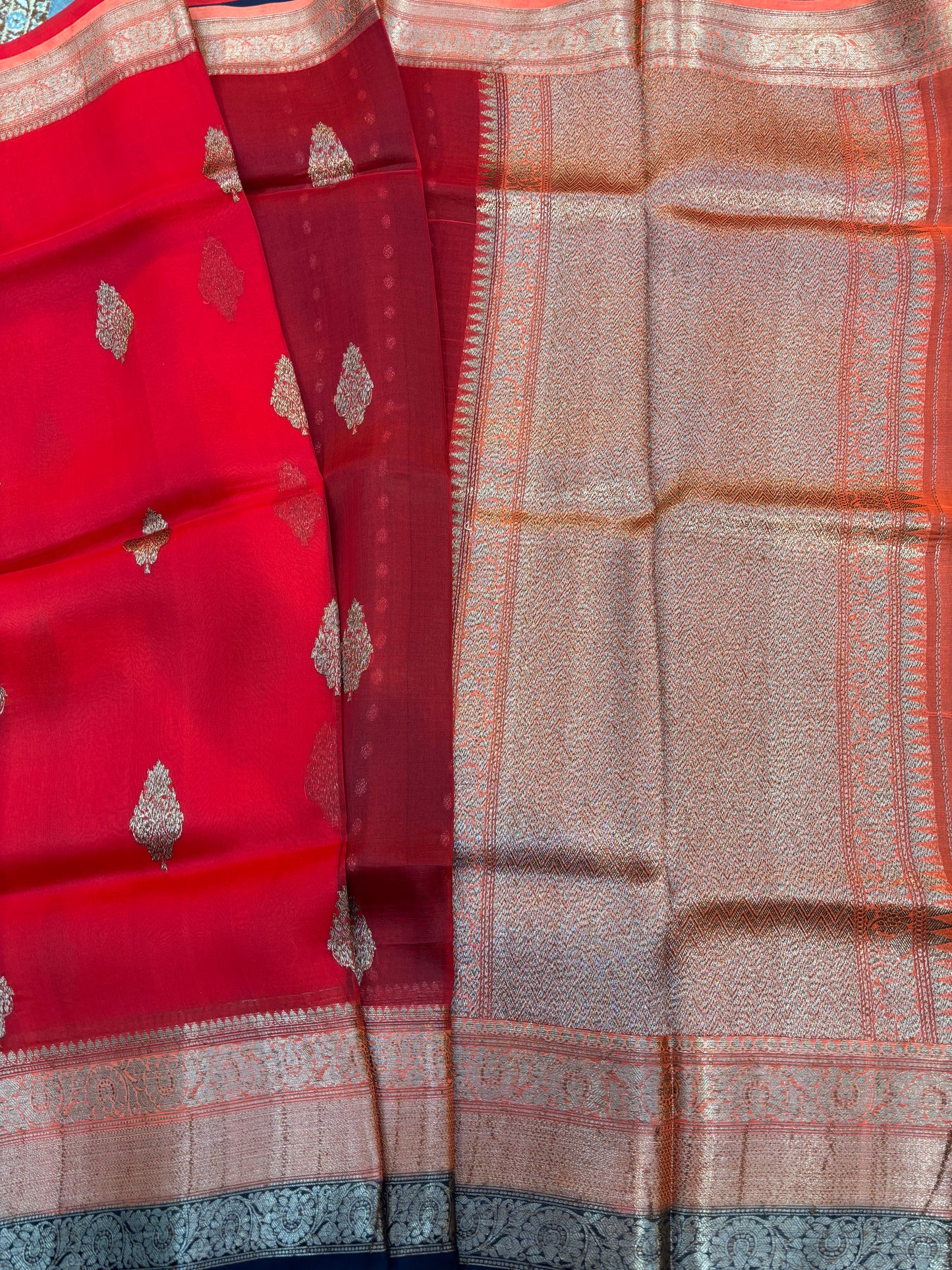 Red-Green Pure Kora Antique Zari Banarasi Handloom Saree