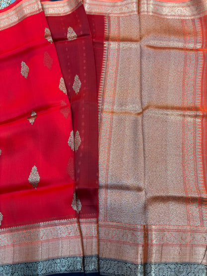 Red-Green Pure Kora Antique Zari Banarasi Handloom Saree