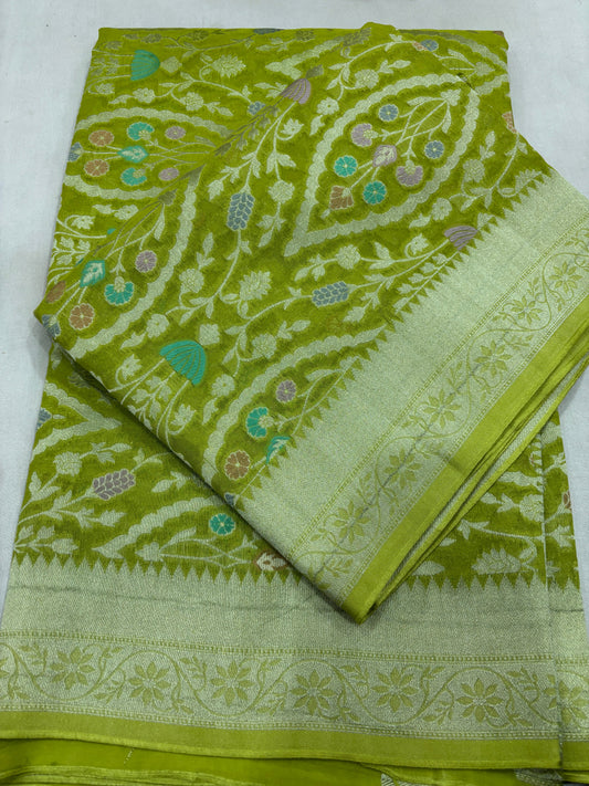 Green Semi Khaddi Georgette Banaras Sari 