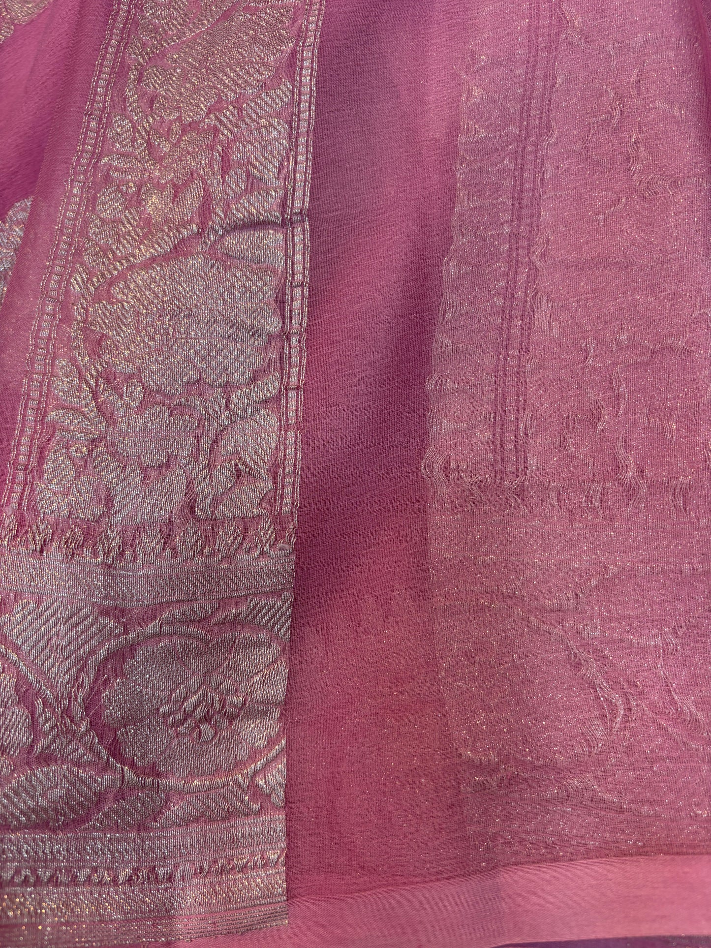 Rose pink chiffon saree with silver zari panel and woven buta detailing