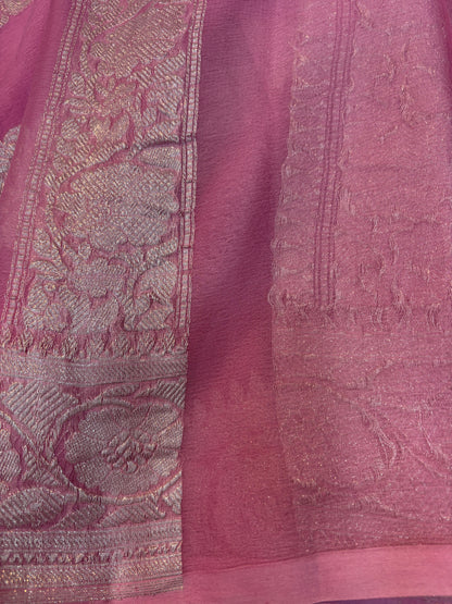 Rose pink chiffon saree with silver zari panel and woven buta detailing