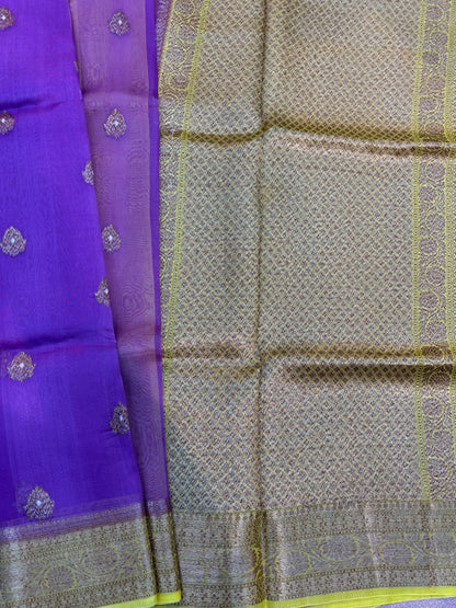 Violet with lemon, yellow, pure Kora antique Zari Banarasi Handloom Saari