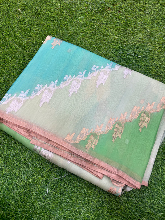 Lemon Green Pure Kora Katan Rungkaat Banarasi Handloom Saree