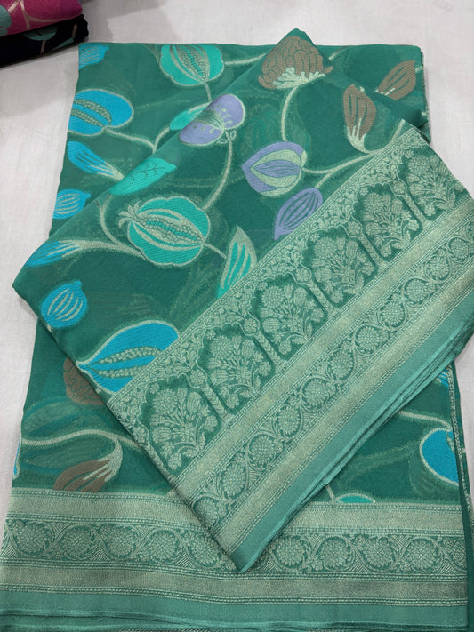 Sky Blue Semi Khaddi Georgette Banaras Sari 
