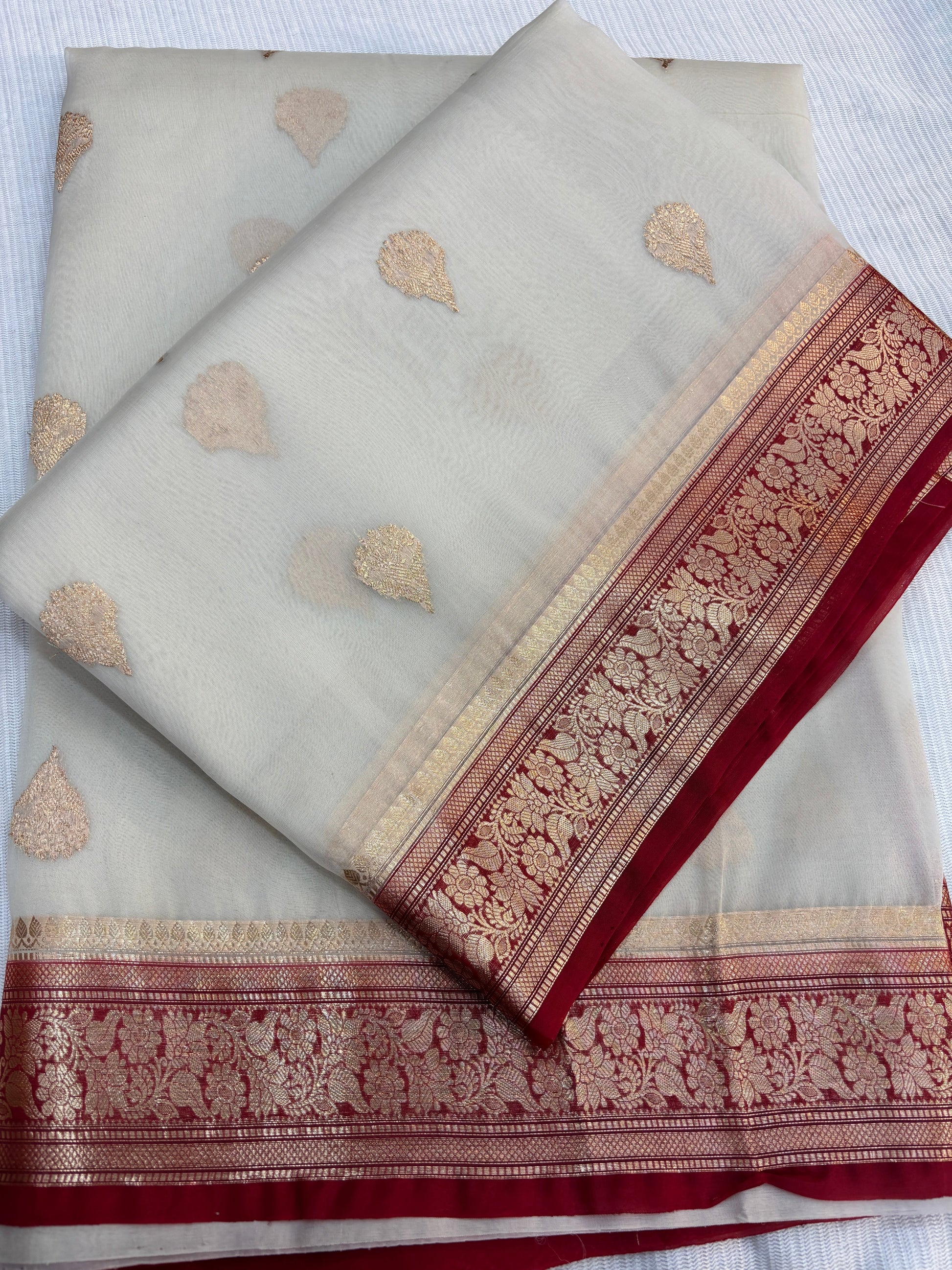 White with red Pure Kora Designer Banarasi Handloom Saree 