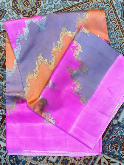 Pink Gray Pure Raw Mango Rungkaat Banarasi Handloom Saree