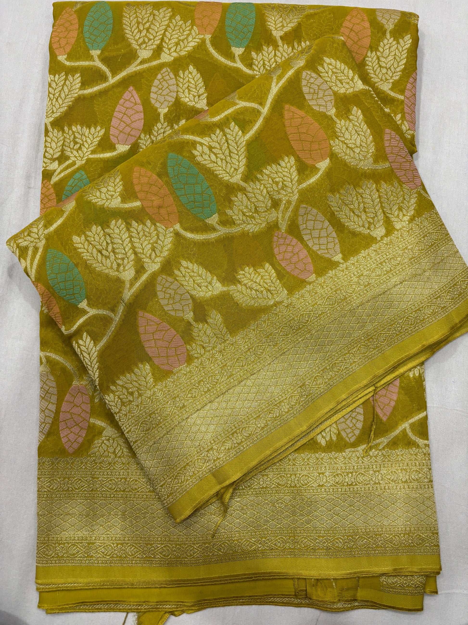 Mustard Yellow Semi Khaddi Georgette Banaras Sari 