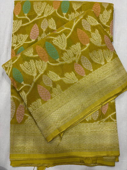 Mustard Yellow Semi Khaddi Georgette Banaras Sari 