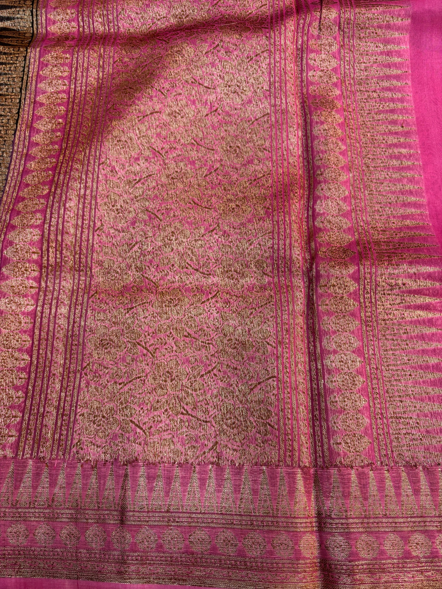 Magenta silk saree panel with gold woven texture and border