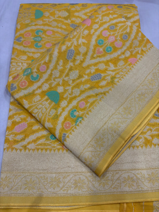 Yello Semi Khaddi Georgette Banaras Sari 